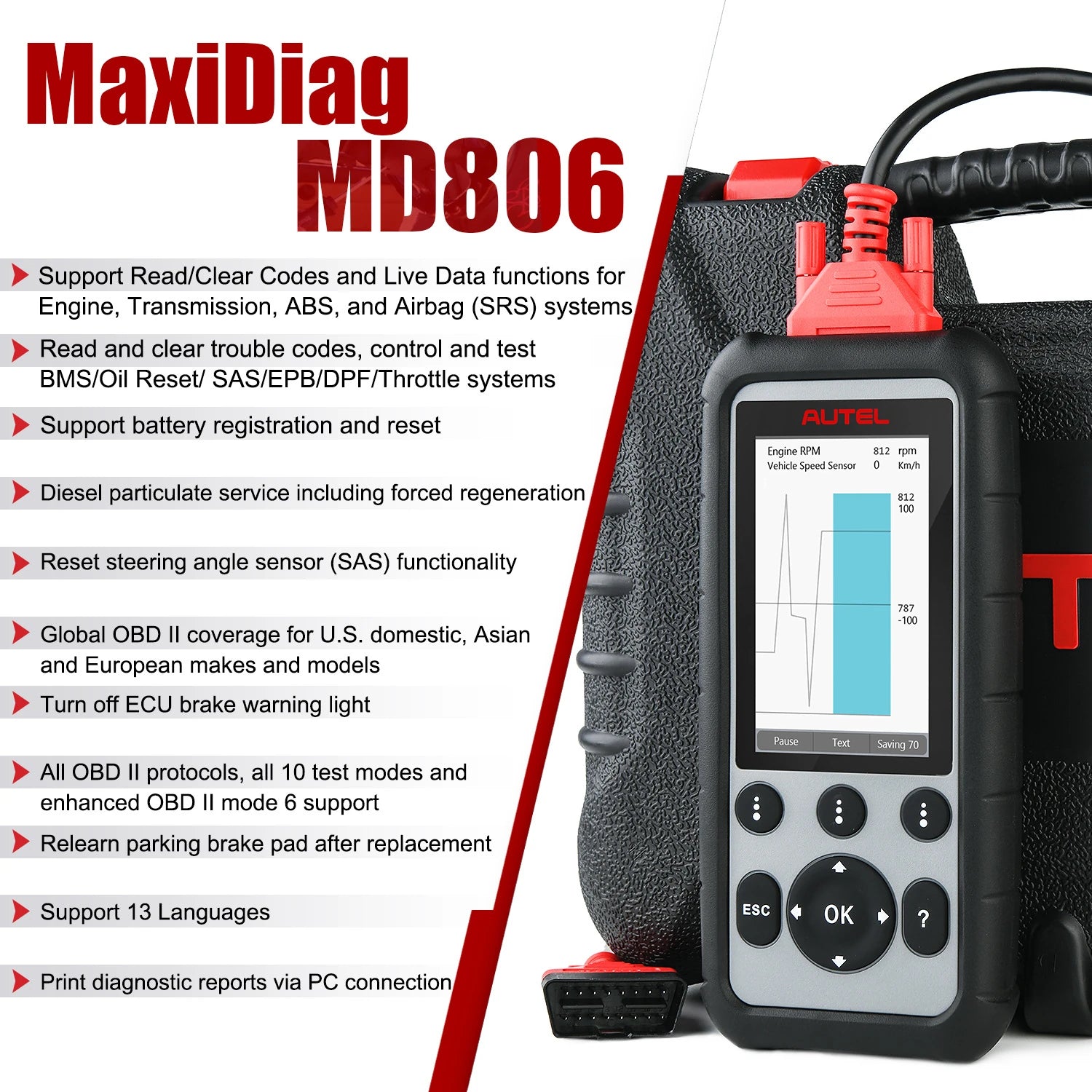  Maxidiag MD806 Full System Diagnoses OBD2 Car Automotive Scanner Tool 4 Systems Diagnosis 7 Most Special Reset Services