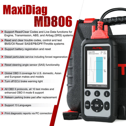  Maxidiag MD806 Full System Diagnoses OBD2 Car Automotive Scanner Tool 4 Systems Diagnosis 7 Most Special Reset Services
