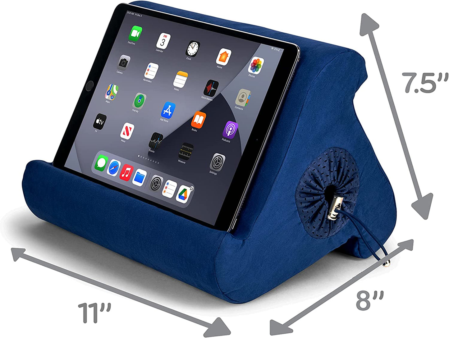 Versatile Tablet Pillow Stand and iPad Holder with Multi-Angle Adjustability, Storage Compartment, Wide Compatibility for Kindle, Fire, iPad Pro, Air, Mini, and Samsung Galaxy (True Blue)