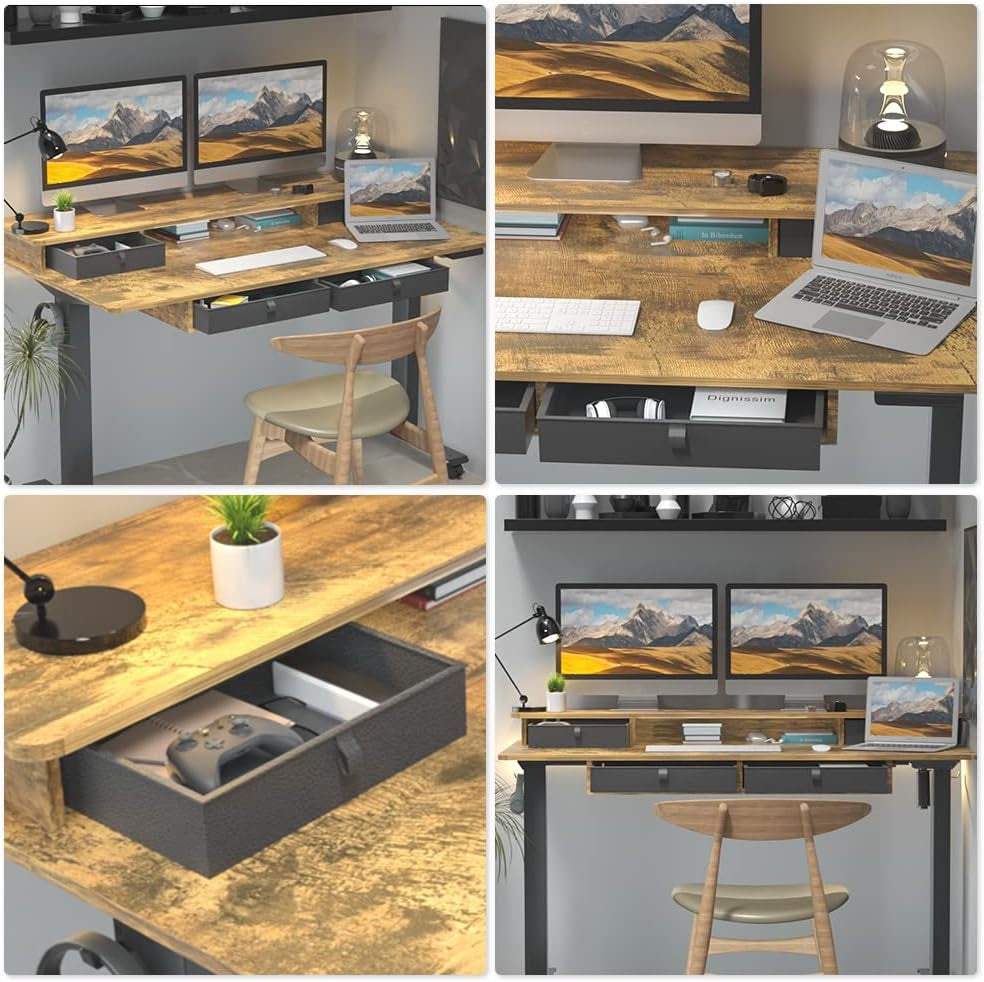 Electric Height Adjustable Desk with Double Storage Shelves, 4 Drawers, and Wide Surface Area - Rustic Brown, for Home Office Workstation