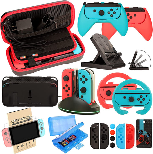 Accessories Kit for Nintendo Switch / Switch OLED Model Games Bundle Wheel Grip Caps Carrying Case Screen Protector Controller