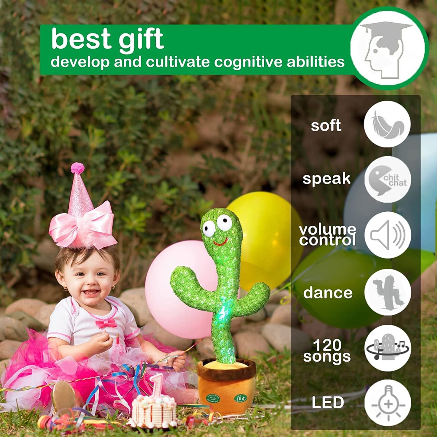 Interactive Singing and Dancing Cactus Toy with Voice Recording and LED, Featuring 120 Songs for Babies and Children