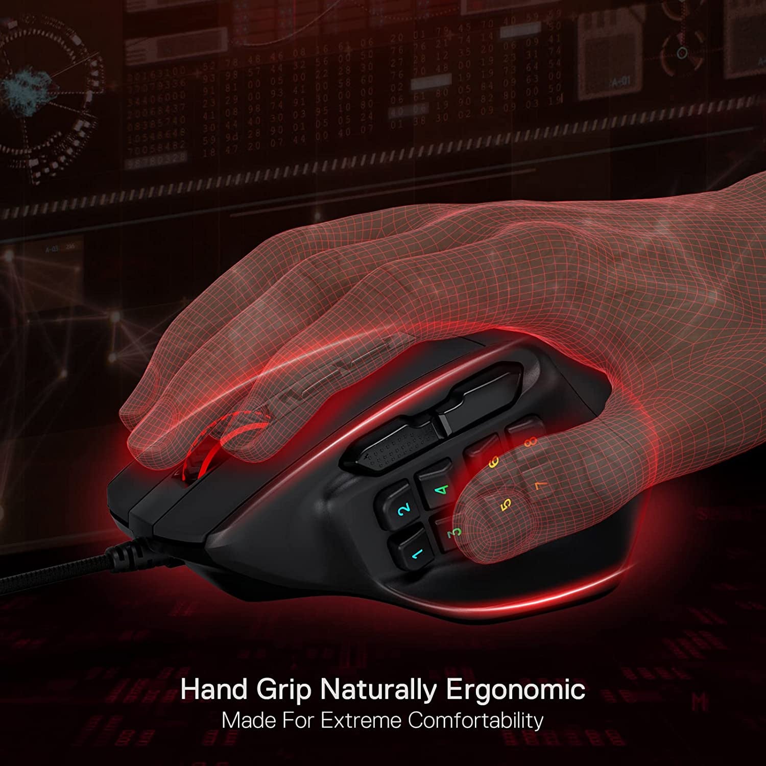 Gaming Mouse with 15 Programmable Buttons, Wired RGB Gamer Mouse with Ergonomic Natural Grip, 10 Side Macro Keys, and Customizable Keybinds & Backlit Support