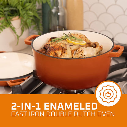 2-In-1 Enamel Cast Iron Dutch Oven and Skillet Set - 5 Quart Pumpkin Orange Cookware with Handles, Braising, Casseroles, and Crock Pot Cooking