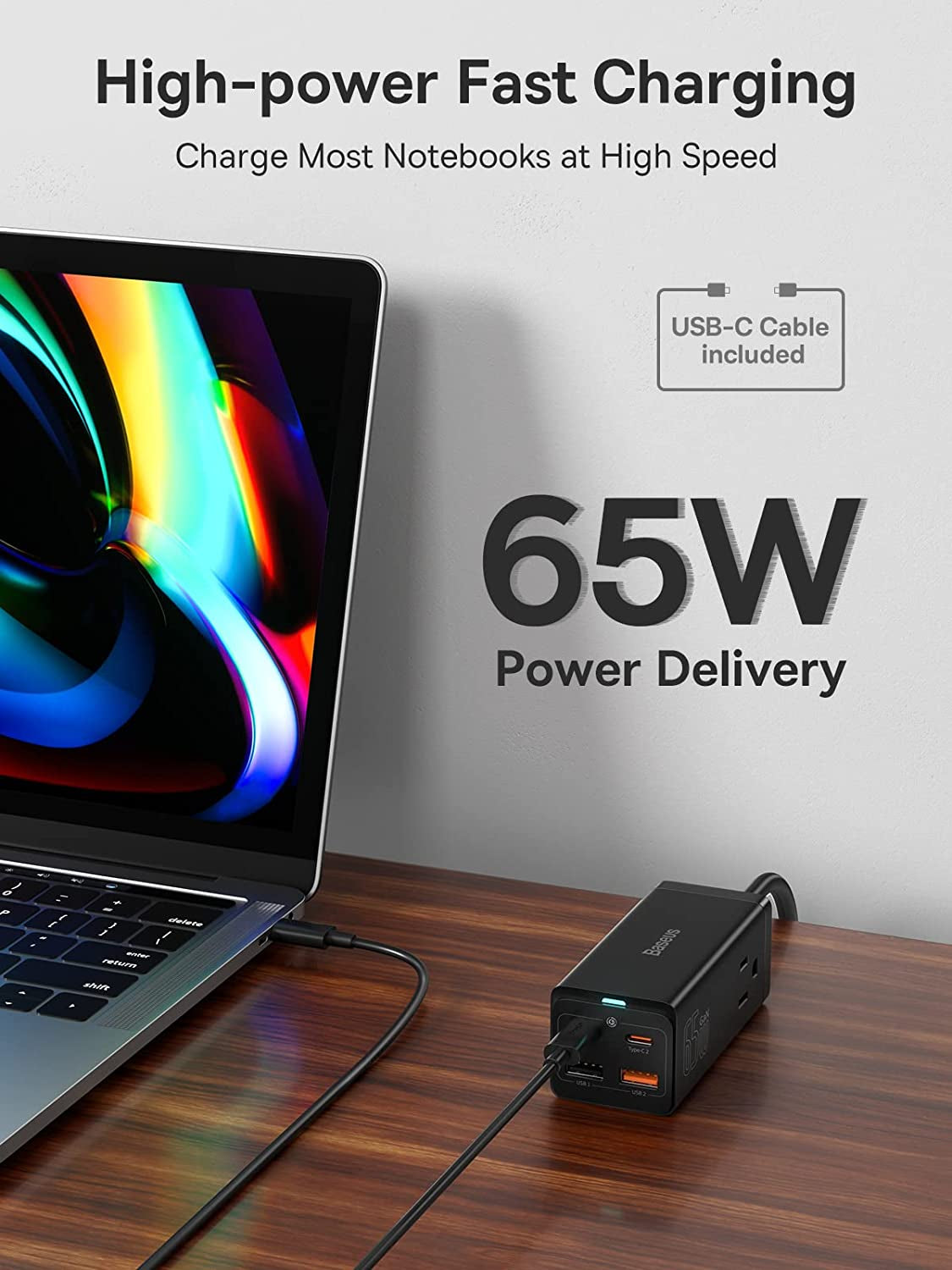 USB C Charger  Powercombo 65W USB C Charging Station with 2 Outlets Extender, Fast Charging, USB C Wall Charger Compatible with Macbook Laptops Iphone Samsung Ipad (100W Type C Cable Included)