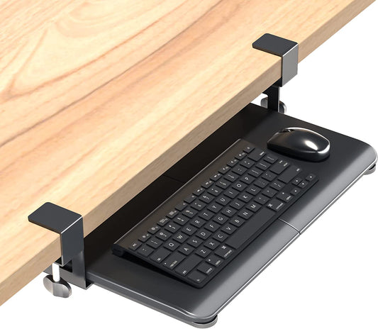 Compact Under Desk Keyboard Tray with C Clamp - Sliding Mouse and Keyboard Drawer, 20" (24.6" Including Clamps) X 11.8" - Stable Computer Organizer for Efficient Typing - Black