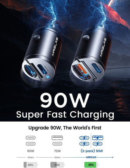 2-Pack - Dual PD 90W USB C Car Charger, Fast Charging Adapter with Pd+Qc Technology, Compact Metal Design, Compatible with iPhone 14 13 Pro Max, iPad, Samsung