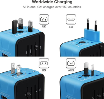 All-In-One Universal Travel Adapter with Dual USB, European Wall Charger for UK, EU, AU, Asia - Blue (Covers 150+ Countries)