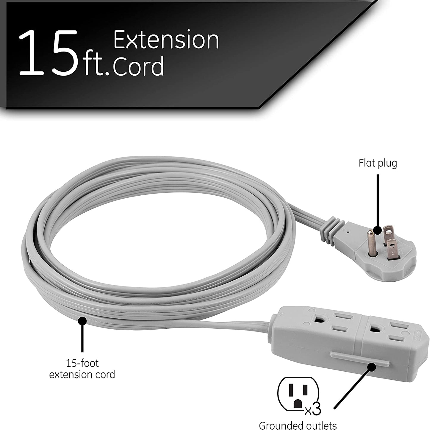 15 Ft Power Cable Indoor Extension Cord with 3 Grounded Outlets, UL Listed - 1 Pack, Gray 