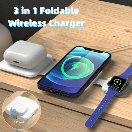 Multi-Device Magnetic Foldable Wireless Charging Station with 3-in-1 Capability