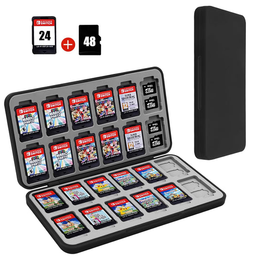 Nintendo Switch Game Case - Black Game Holder with 24 Cartridge Slots & 48 Micro SD Card Slots, Hard Shell with Silicone Lining