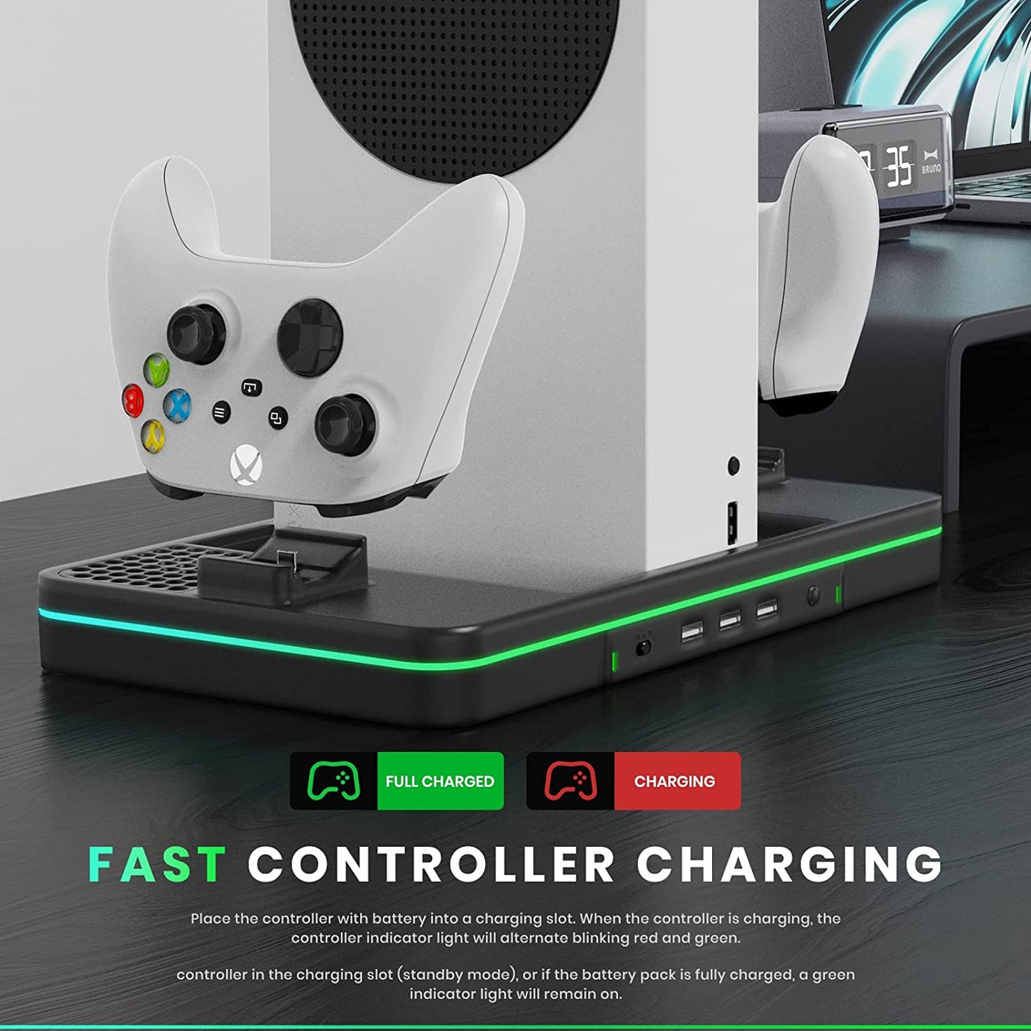 Vertical Charging Stand with Cooling Fan and Dual Controller Charger Station Dock - Compatible with Xbox Series X/S Console and Controller, Equipped with 3 USB Ports