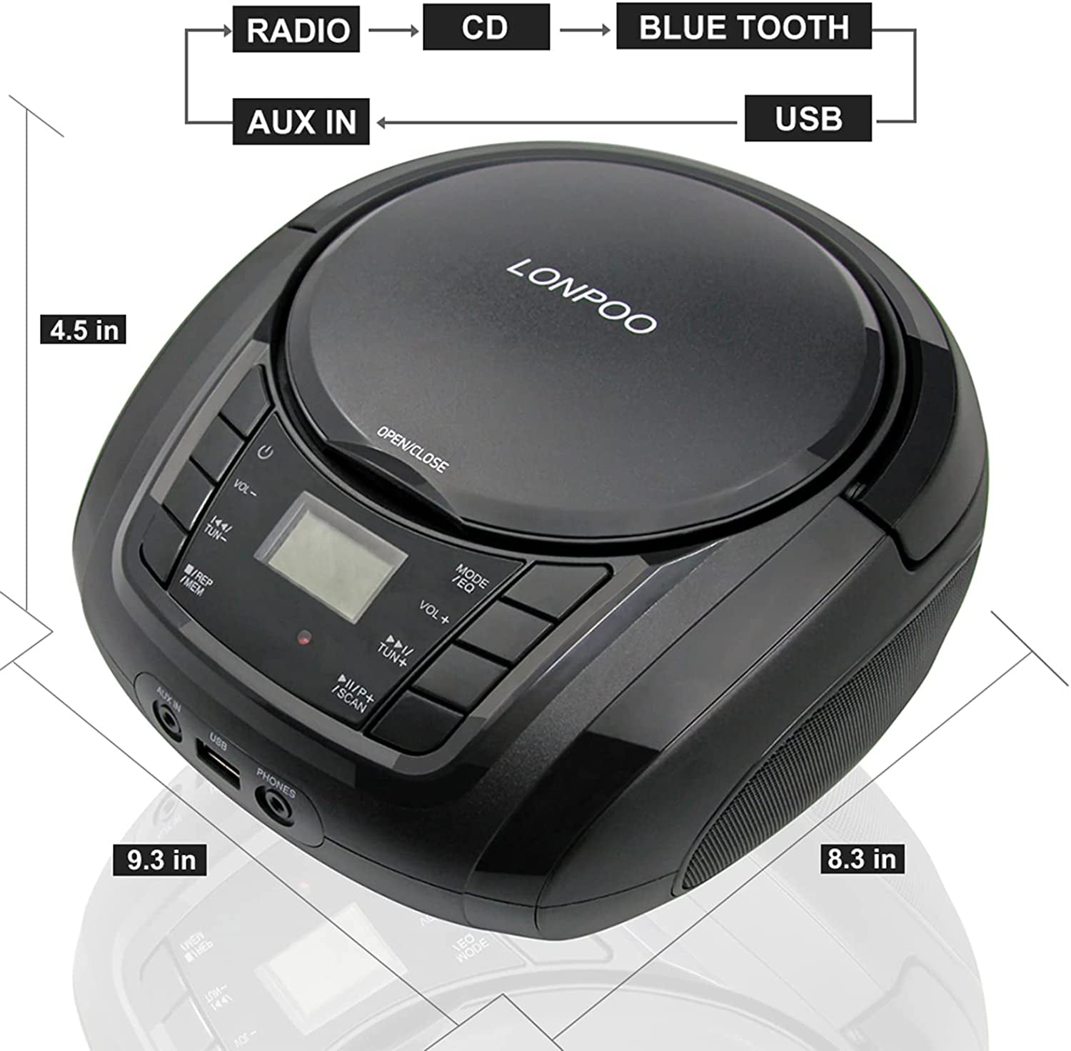 Portable Boombox Compact Disc Player with FM Radio, USB, Bluetooth, Aux Input, and Earphone Jack Output, Stereo Sound Speaker & Audio Player 