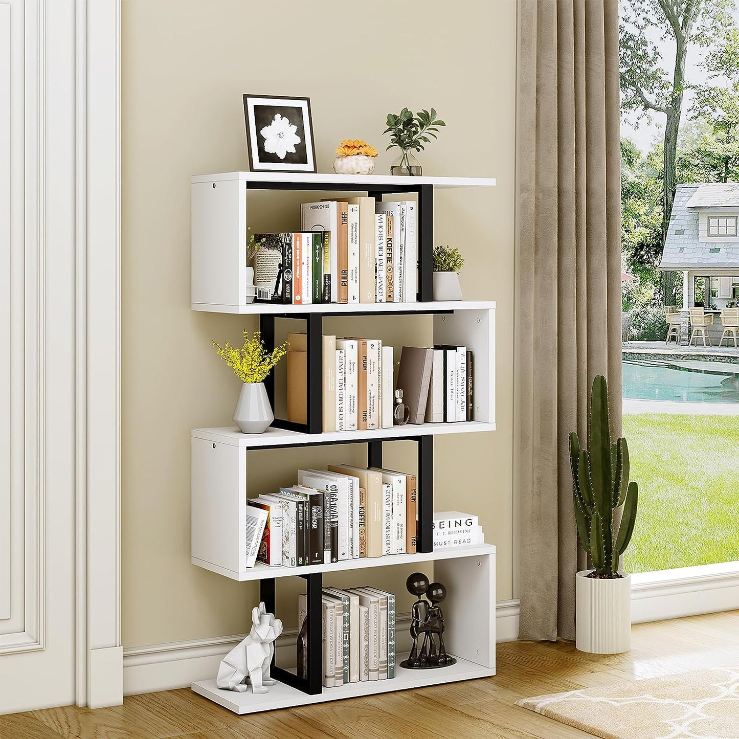 Modern Cream White 5-Tier S-Shaped Z-Shelf Bookshelf: Freestanding Multifunctional Decorative Storage Shelving for Living Room Home Office