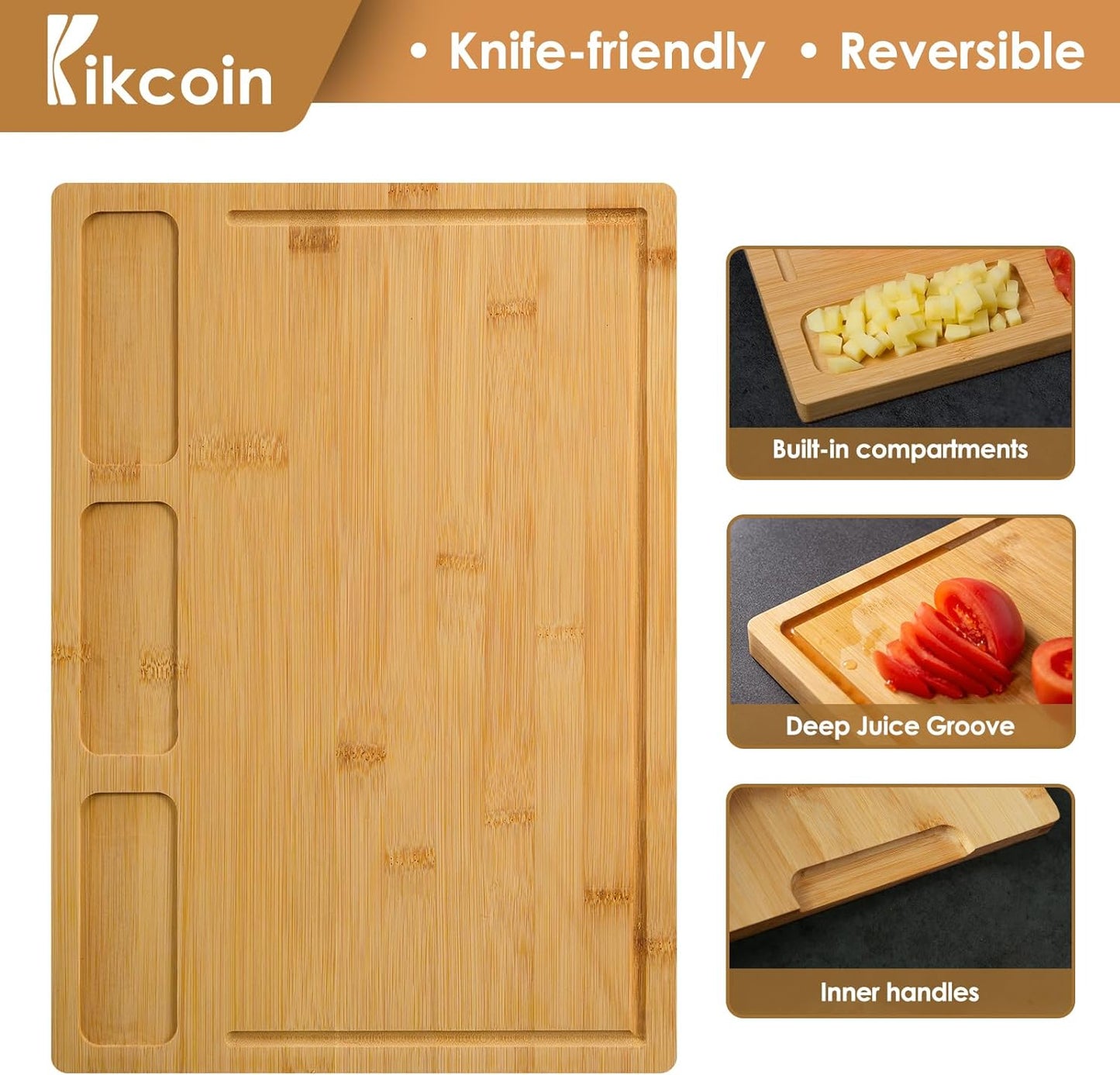 Bamboo Cutting Boards for Kitchen - Set of 3 - Featuring Built-In Compartments, Juice Groove, Heavy-Duty Serving Tray Butcher Block, Carving, and Chopping Tasks