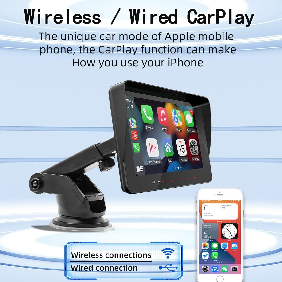  Wireless Carplay 7" IPS Touch Screen with Reverse Rearview Camera, Bluetooth Phone, GPS Navigation, and Portable 7 Color Atmosphere Light
