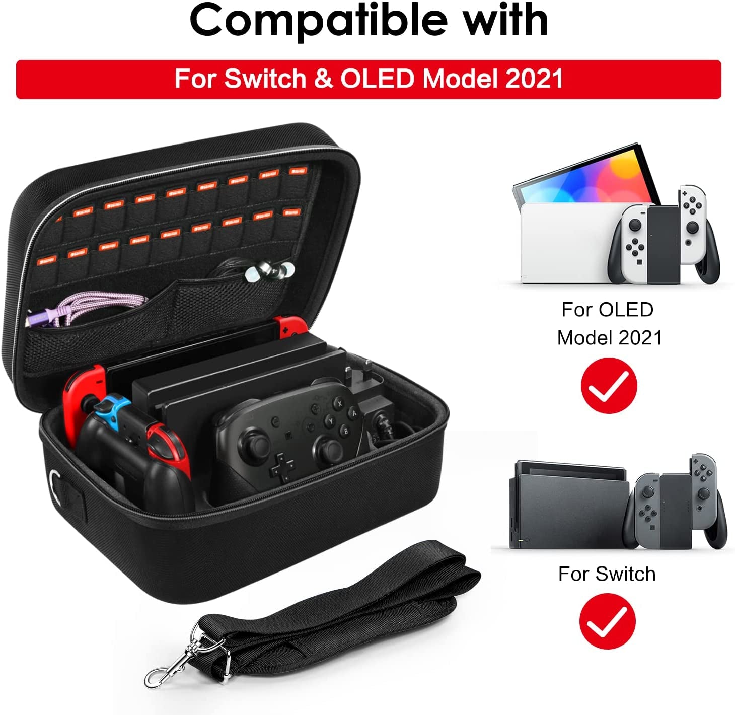 Portable Travel Case for Nintendo Switch and Switch OLED Model, All-in-One Protective Hard Messenger Bag with Soft Lining for18 Games, Switch Console, Pro Controller, and Accessories 