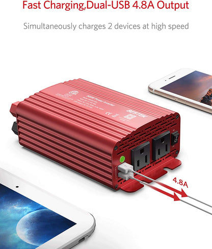  500W Power Inverter With Alligator Battery Clamp, ETL Listed DC 12V to 110V AC Converter and 4.8A Dual USB Car Charger