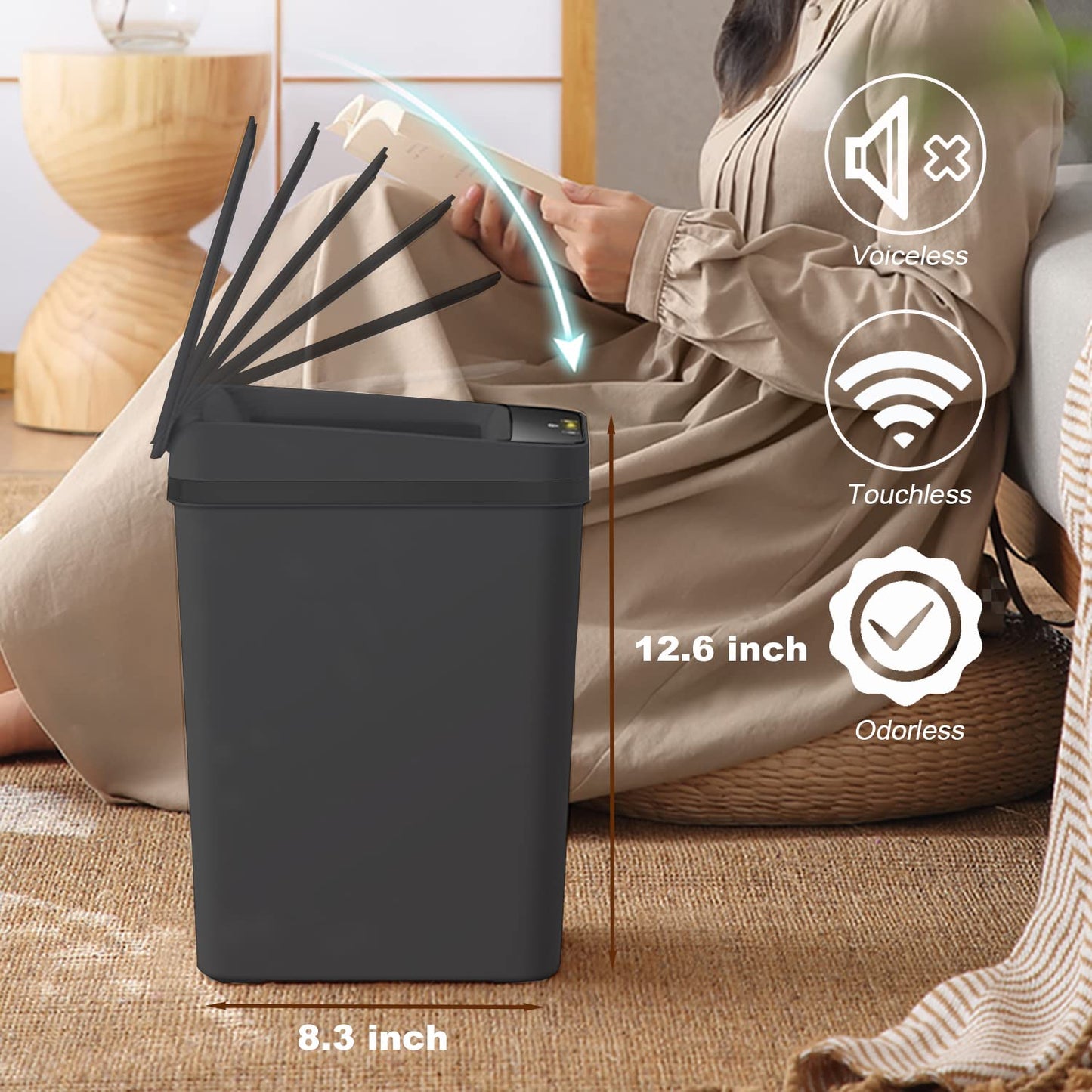 2.5 Gallon Touchless Bathroom Trash Can - Smart Motion Sensor, Skinny Design with Lid - Electric, Plastic, Auto Open - Small Slim Automatic Garbage Can (Black)