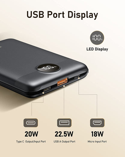 Compact 10000mAh Power Bank with Fast Charging, PD 3.0 & QC 3.0, USB C, Dual Output - Compatible with iPhone, Samsung, and Essential for Travel