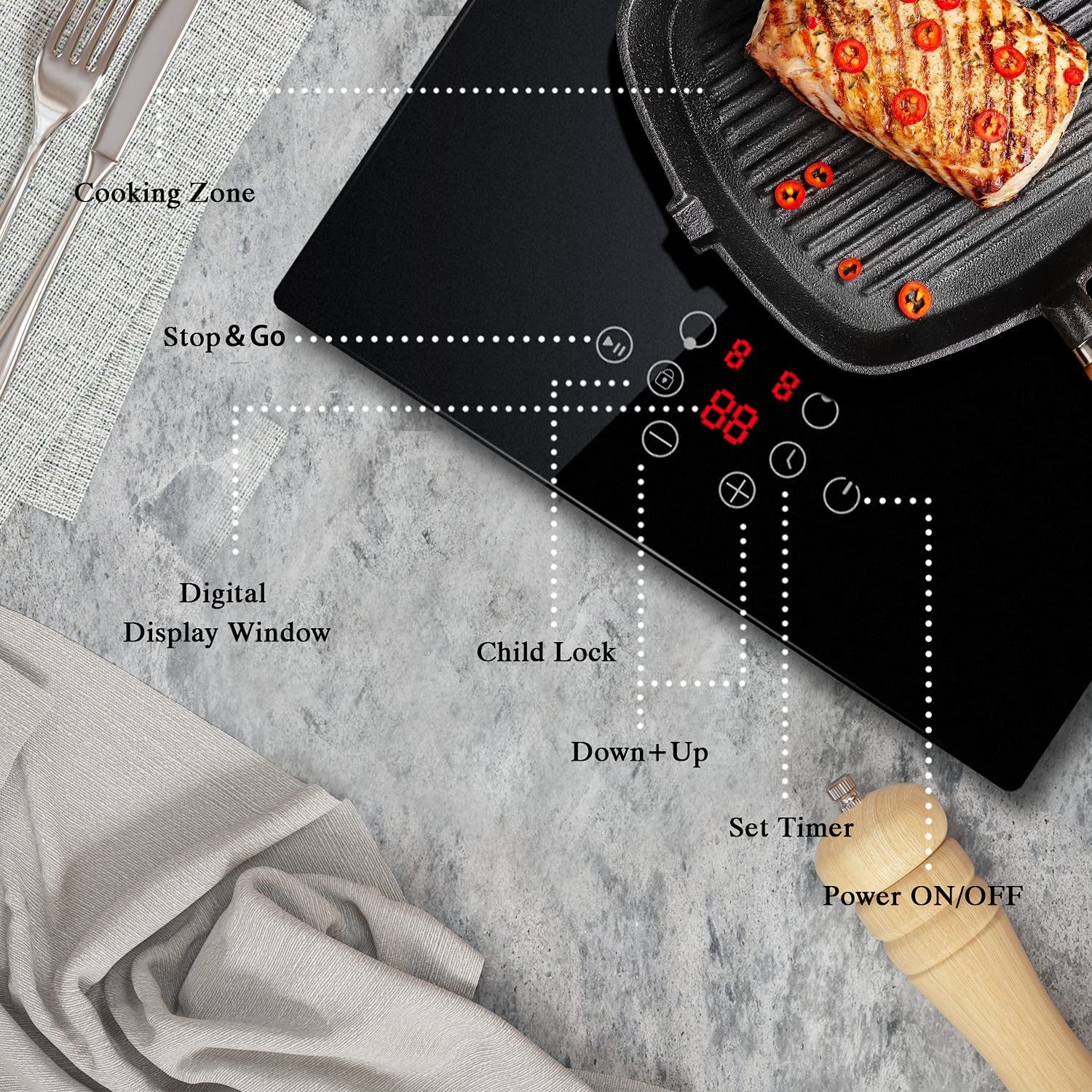 12 Inch 2 Burner Electric Cooktop with Sensor Touch Control, 3000W Power, 9 Power Levels, Child Safety Lock, and Timer