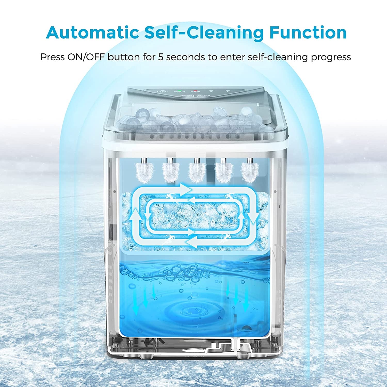 Portable Self-Cleaning Countertop Ice Maker with 9 Pebble Ice Cubes in 6 Minutes - 26Lbs Capacity - Ideal for Home, Bar, Camping, and RV (Silver)
