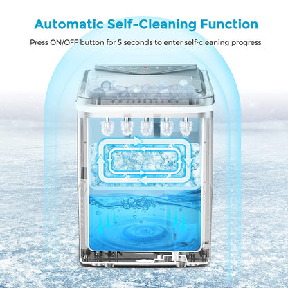 Portable Self-Cleaning Countertop Ice Maker with 9 Pebble Ice Cubes in 6 Minutes - 26Lbs Capacity - Ideal for Home, Bar, Camping, and RV (Silver)