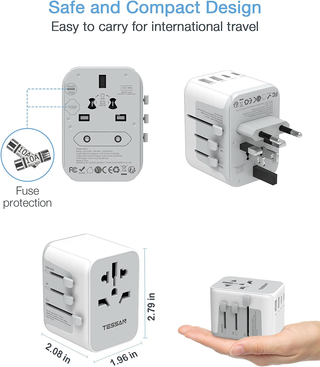 All-In-One Universal Travel Adapter with Multiple Ports and USB Charging Capability for Worldwide Use