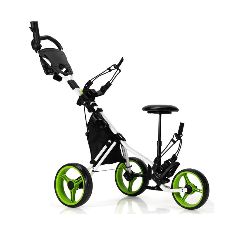 Folding Golf Push Cart with Integrated Seat, Scoreboard, and Adjustable Handle
