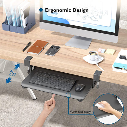 Compact Under Desk Keyboard Tray with C Clamp - Sliding Mouse and Keyboard Drawer, 20" (24.6" Including Clamps) X 11.8" - Stable Computer Organizer for Efficient Typing - Black