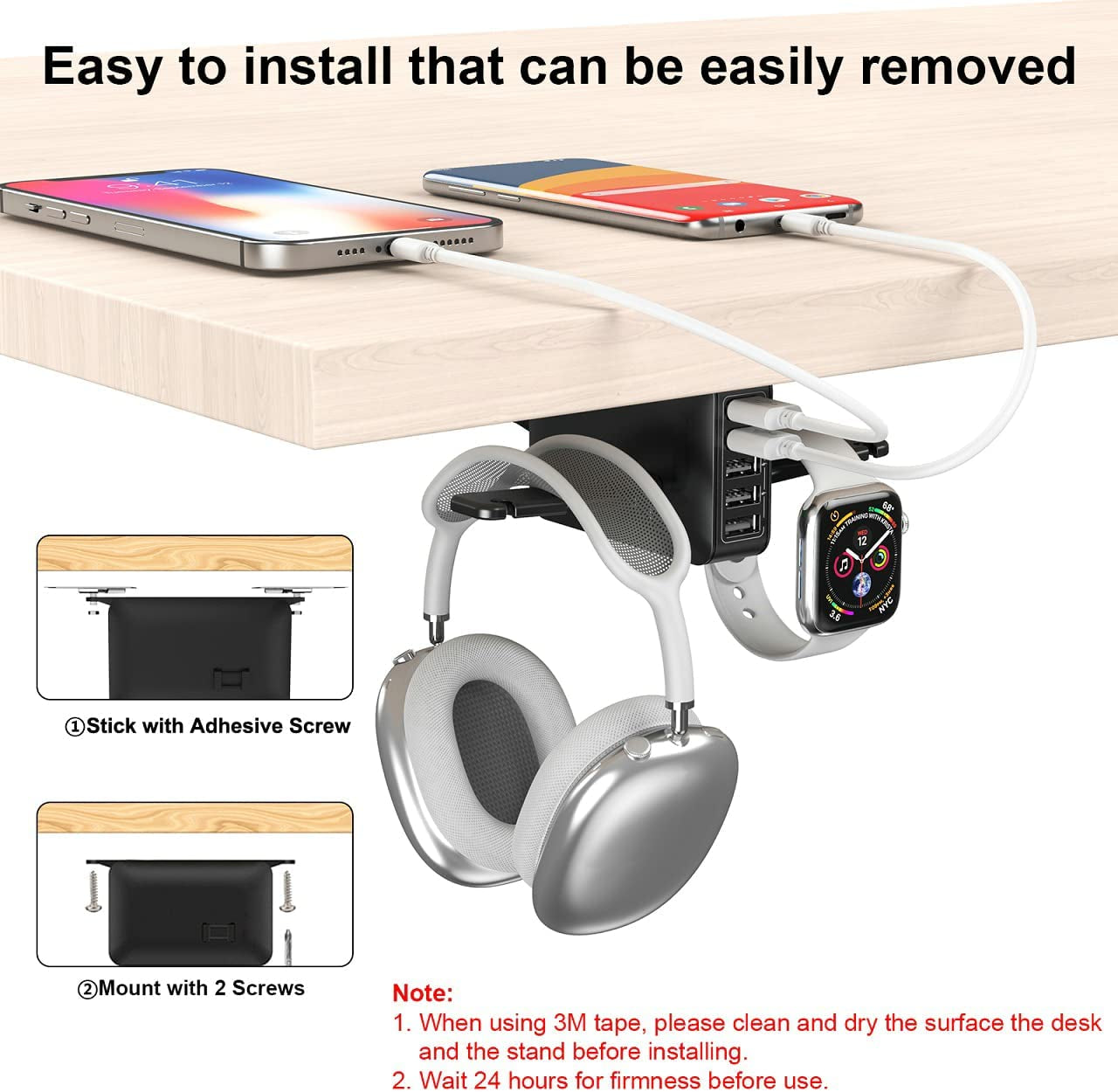 Dual Headphone Stand with USB Charging Station - PC Gaming Headphone Holder and Hanger Hook Stand for Under Desk