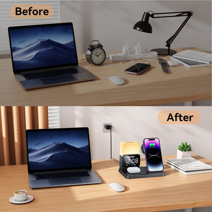 Multi-Device Charging Station: Foldable with Alarm Clock and Night Light. 18W Charger Compatible with iPhone 14/13/12/11/X, Iwatch SE/8/7/6/5/4/3/2, Airpods 3/2/Pro