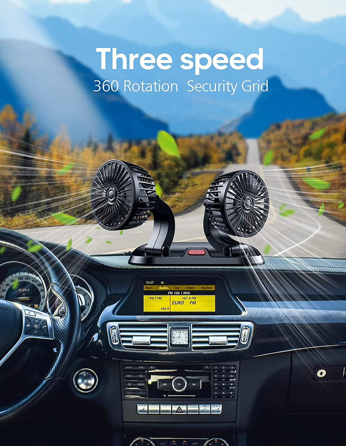 USB Portable Car Fan with Dual Head, 3 Speeds, 360 Degree Rotation, Strong Wind, for Dashboard, SUV, RV, Truck, Boat, Sedan, Home, and Office Use