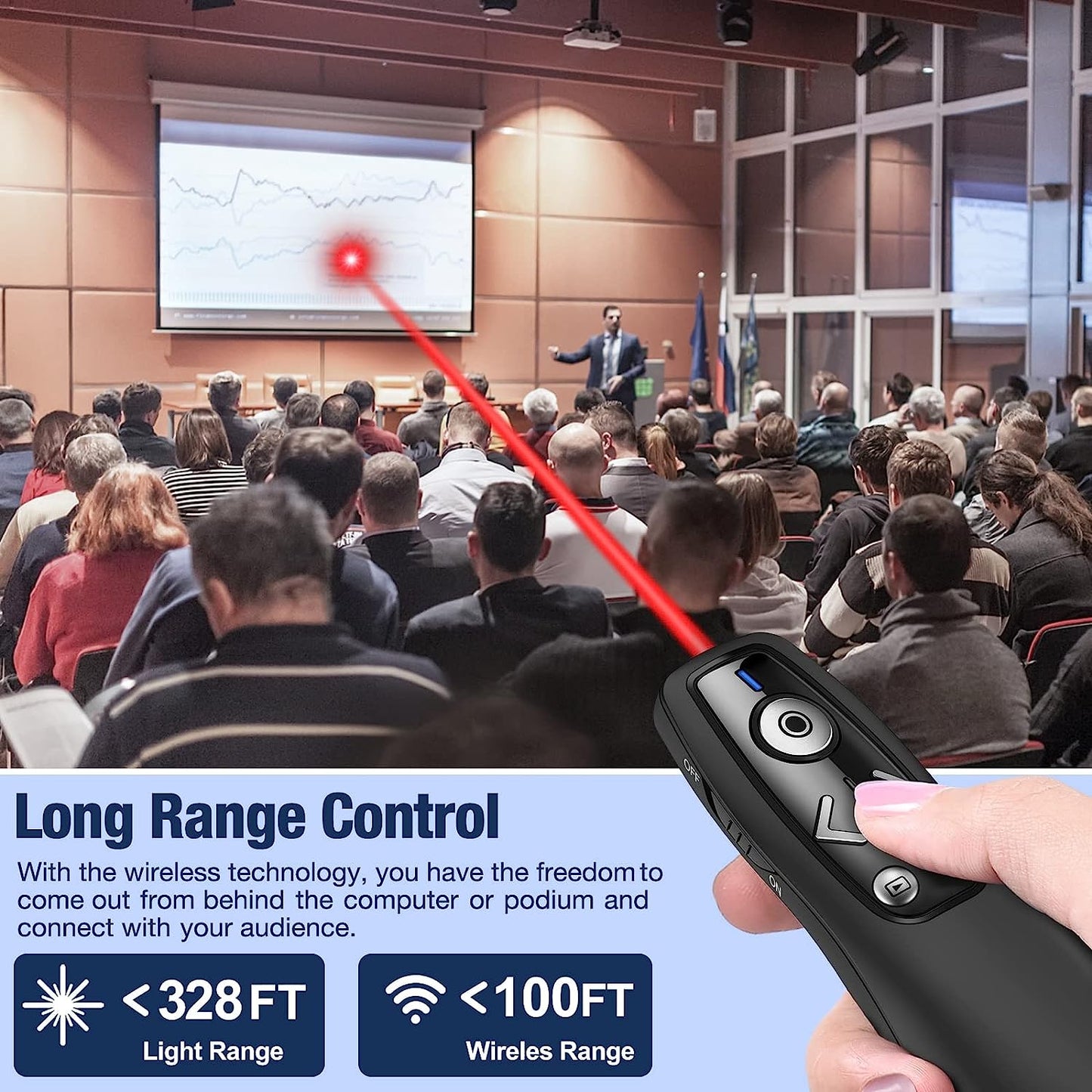 Wireless PowerPoint Clicker with Hyperlink, Volume Control, and Red Light - Professional Presentation Remote Slide Advancer for Mac, PC, and Laptop