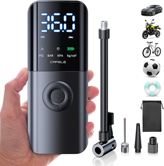 Efficient and Easy-to-Use Portable Tire Inflator for Cars and Motorcycles with Auto Stop Function, Cordless Electric Bike Air Pump, Rechargeable Battery, Large LCD Display and Lightweight Design