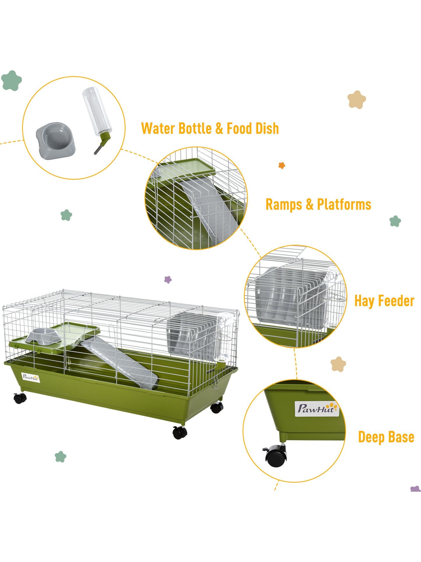 35" Small Animal Cage: Chinchilla Guinea Pig Hutch with Platform Ramp, Food Dish, Wheels, and Water Bottle for Ferret and Pet House