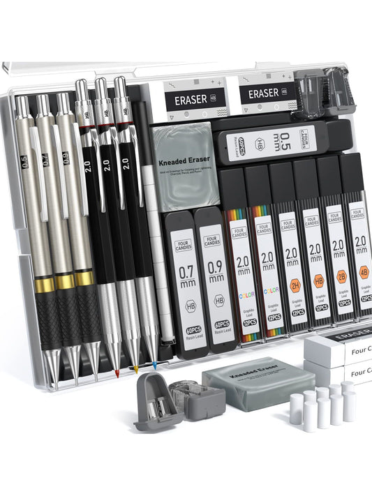 25-Piece Professional Art Mechanical Pencil Set with Case, Including 3 Metal Artist Lead Pencils (0.5mm, 0.7mm, 0.9mm) & 3 Lead Holders (2mm) with Assorted Graphite Lead Refills (HB, 2H, 2B, 4B) 