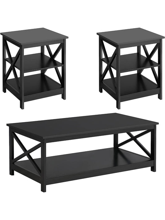 Industrial 3-Piece Coffee Table Set with Storage, Modern X-Design, Ideal for Home Office, Black