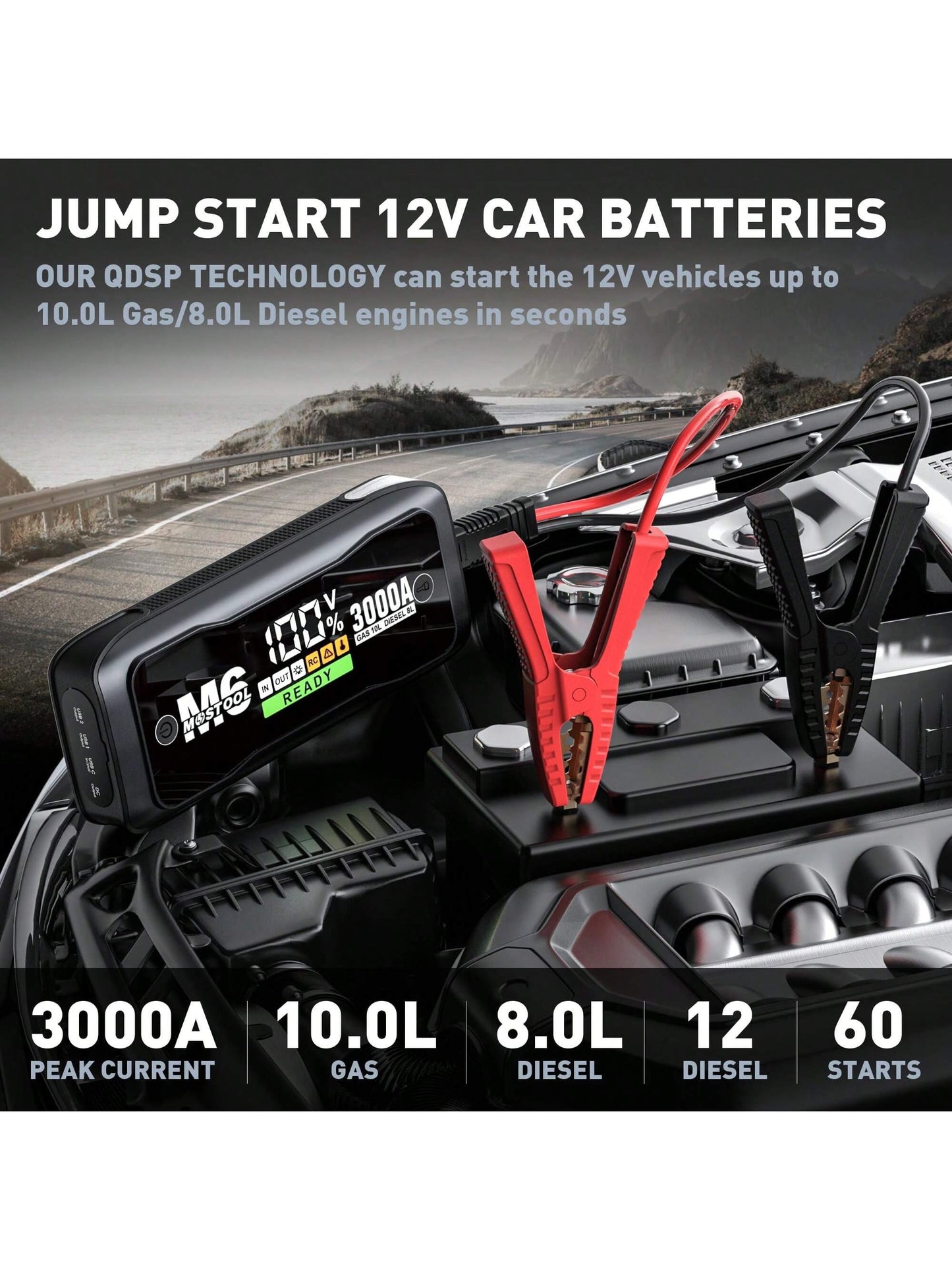 Jump Starter Battery Pack - 3000A Peak, 20000mAh Capacity - Portable Jumper Box, 12V Car Battery Charger & Jumper Cables,10.0L Gas & 8.0L Diesel Engines