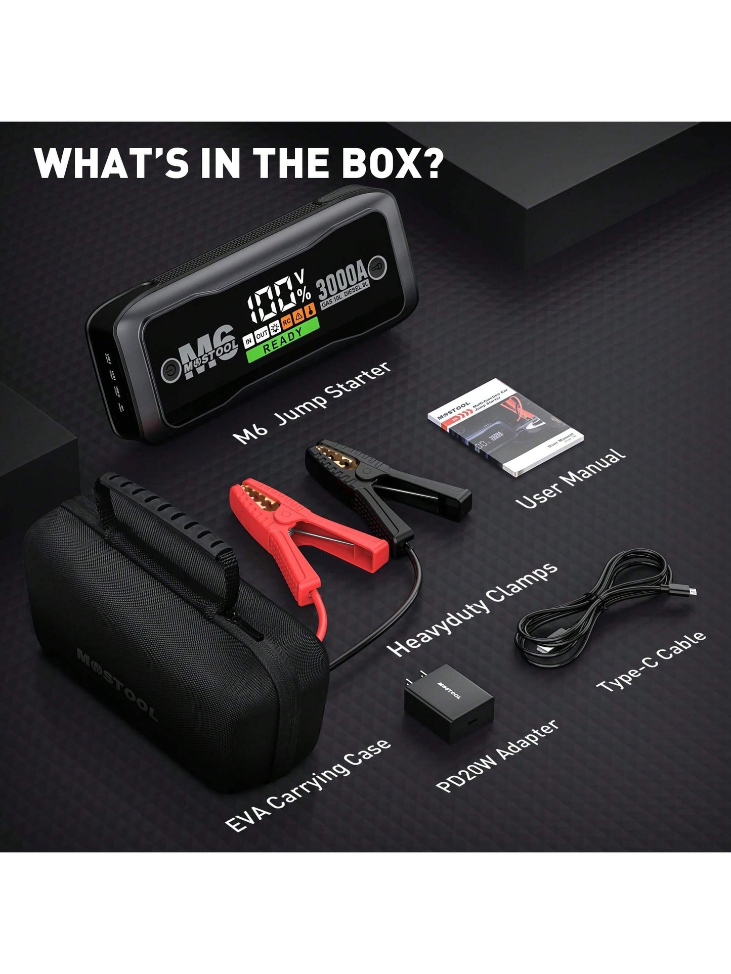 Jump Starter Battery Pack - 3000A Peak, 20000mAh Capacity - Portable Jumper Box, 12V Car Battery Charger & Jumper Cables,10.0L Gas & 8.0L Diesel Engines