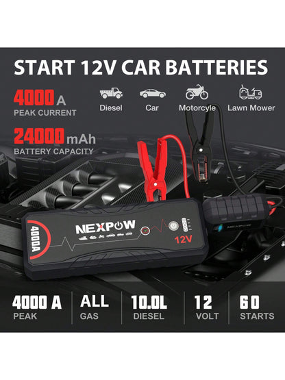 Portable Lithium Battery Jump Starter with Built-In LED Light