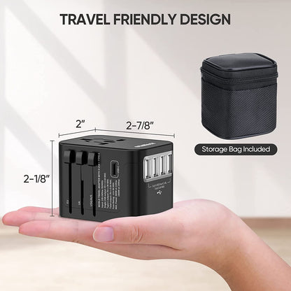 Universal Travel Adapter, 5.6A Smart Power International Plug Adaptor AC Wall Charger for Global Travelling USA Europe EU UK AUS (Type C + Four Type A, Black)