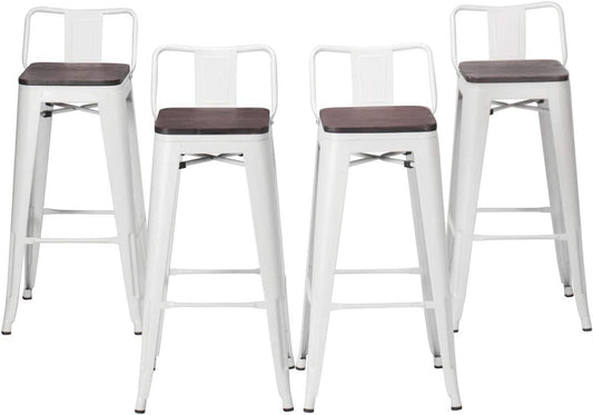 Set of 4 Modern Industrial Metal Bar Stool Counter Height Stools with Stackable Design and Low Back White Wooden Seat (24" Dining Chair)