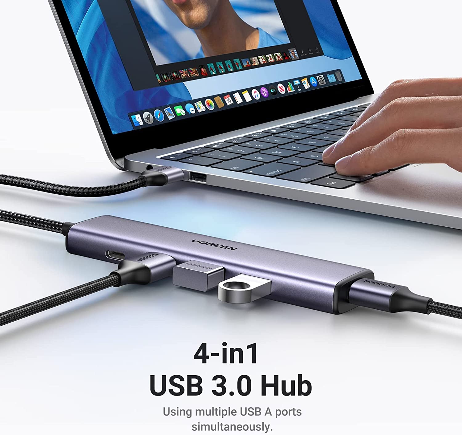 Aluminum Ultra-Slim USB 3.0 Hub - 4 Port, with Charging Support and Multiport Adapter for Macbook Pro, iMac Pro, Surface Pro, Laptop, PC, Flash Drive, and Mobile HDD