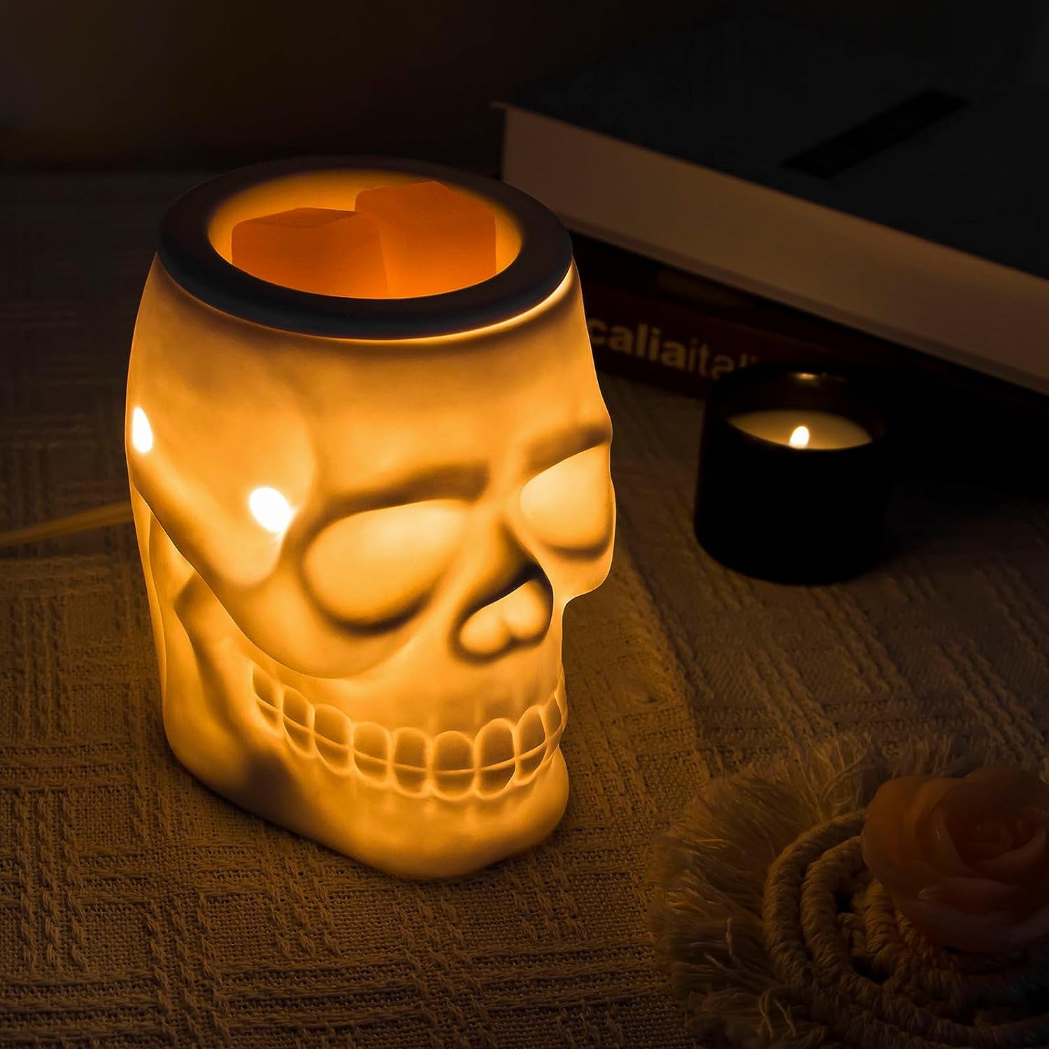 Resurgent Skull Ceramic Electric Wax Melt Warmer - Home Fragrance Oil Diffuser for Home Decor, Office, and Living Room, Ideal Gifts, Includes Two Bulbs