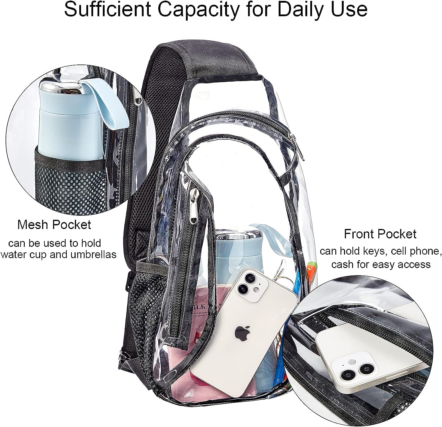 Clear Sling Bag, Stadium Approved PVC Crossbody Backpack, Clear Casual Chest Daypack for Hiking, Stadium or Concerts