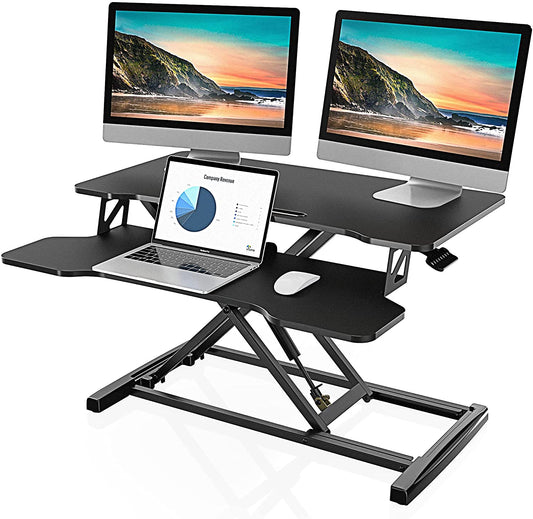 32" Wide Height Adjustable Sit to Stand Desk Converter - Dual Monitor Riser, Black - Ideal for Laptops and Tabletop Workstations