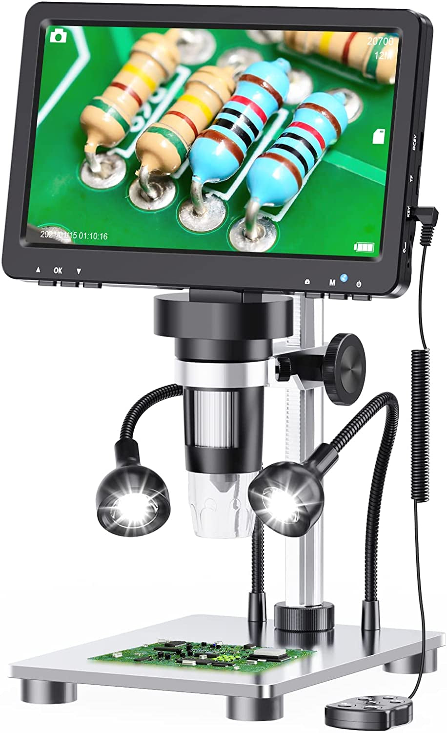 Professional-Grade 7'' LCD Digital Microscope 1200X with 1080P Resolution, 12MP Camera Sensor, Wired Remote, 10 LED Lights and Compatibility with Windows/Mac OS - Ideal for Soldering and Examination of Coins and Electronics for Adults