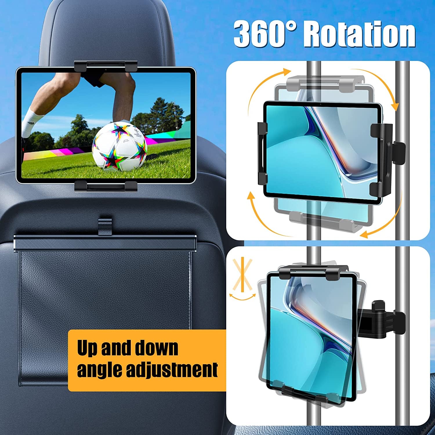 Car Tablet Holder - Universal Back Seat Mount for 5.5-11 Inch Screens - 360° Rotating Headrest Tablet Holder - Road Trip Essentials for Kids - Black