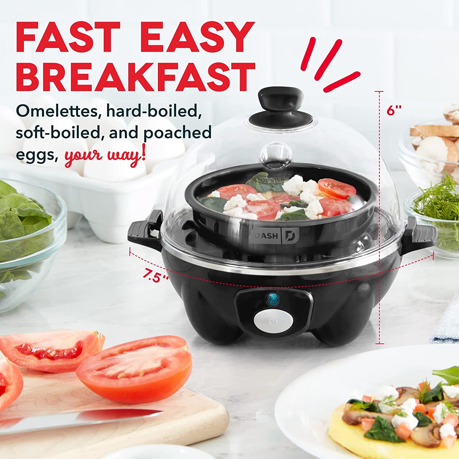 DASH Rapid Egg Cooker: Electric Cooker for Hard Boiled Eggs, Poached Eggs, Scrambled Eggs, or Omelets with Auto Shut off Feature (6 Egg Capacity)